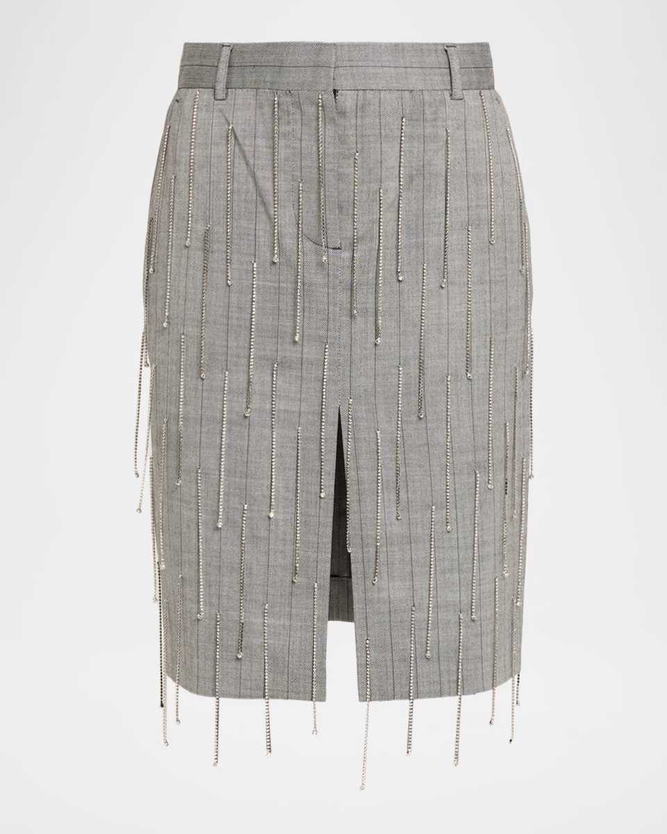 Pinstripe Rhinestone Embroidered Wool Skirt
